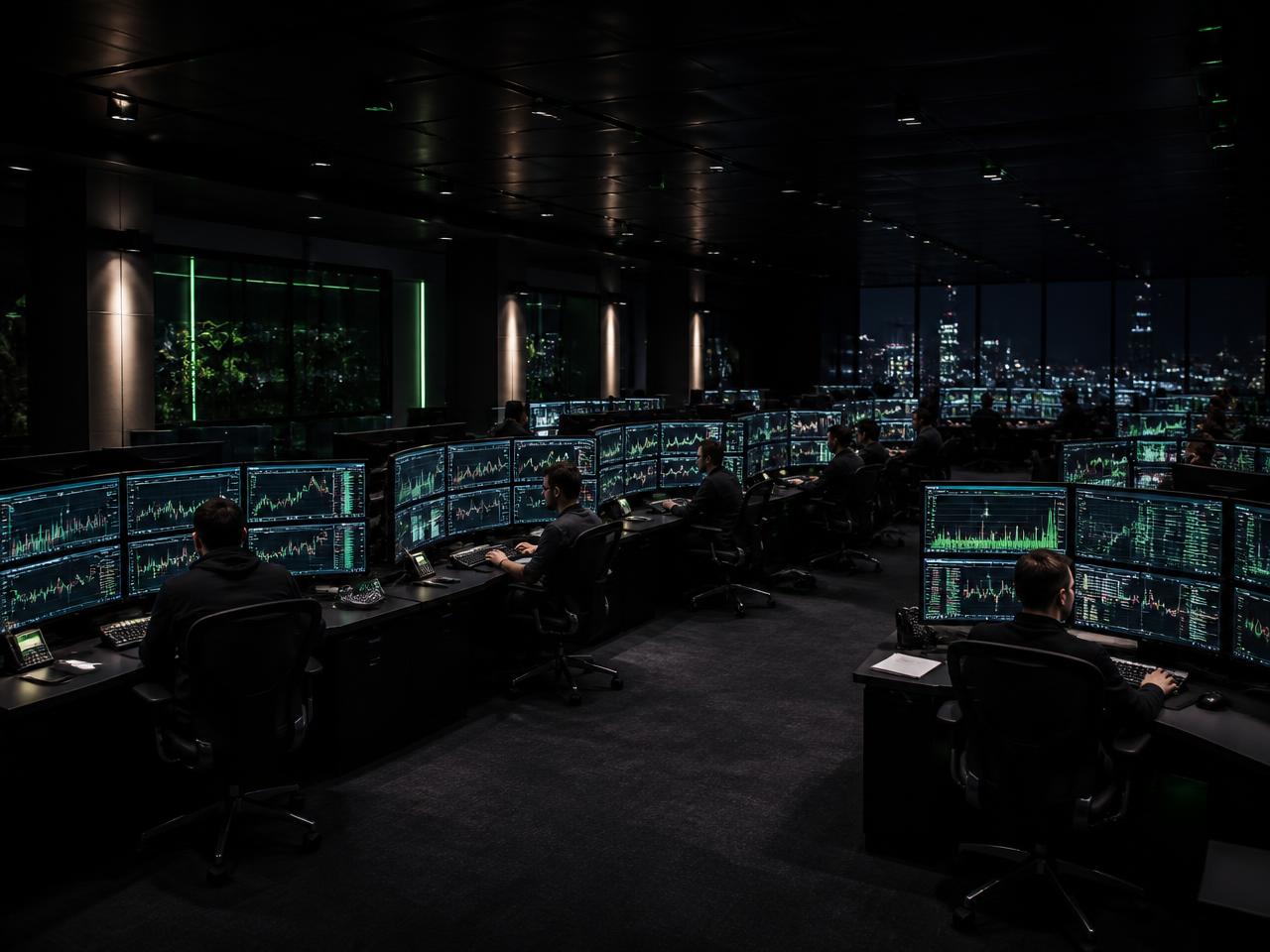Professionele trading floor met traders achter multi-monitor setups